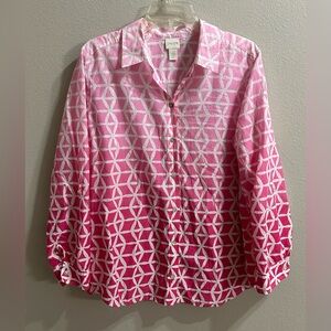 Chicos Button Up Shirt Size 2 (LG) 100% Cotton Pink Fun Print Lightweight Casual